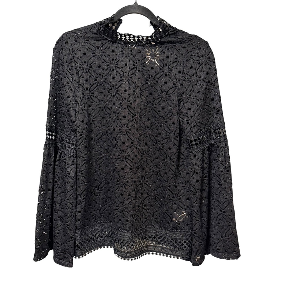 Neiman Marcus Womens Black Eyelet Lace Mock Neck Bell Sleeve Blouse boho Small